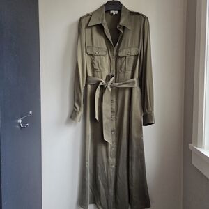 100% Silk Lilysilk NWOT Sandwashed Safari Trench Shirt Dress Olive Khaki Sm 4-6